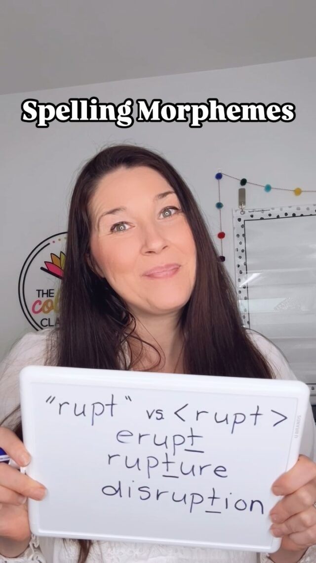 I’m a huge proponent for spelling out morphemes.

(Kudos to Pete Bowers for this!)

Rather than saying “rupt”, I spell the morphemic unit: <r-u-p-t>.

This not only solidifies the proper spelling of said morpheme…

—but it also brings to light the understanding that pronunciations can shift depending on the word. 

If we were to pronunce the morpheme, then English just seems crazy when the pronunciation goes against the grain.

We have a complex system. So, let’s be mindful that morphemes don’t have a set  pronunciation until they’re fixed to a word!

This clip shows how the “t” sounds differently in erupt, rupture, & disruption! 

Can you think of some other words that share a morpheme, but differ in pronunciation? Drop them in the comments! ⬇️

#structuredwordinquiry #swi #morphology #morphemes #spelling #orthography #scienceofreading #structuredliteracy #readinginterventionist #literacyspecialist #literacycoach #readingcoach #getlogofied