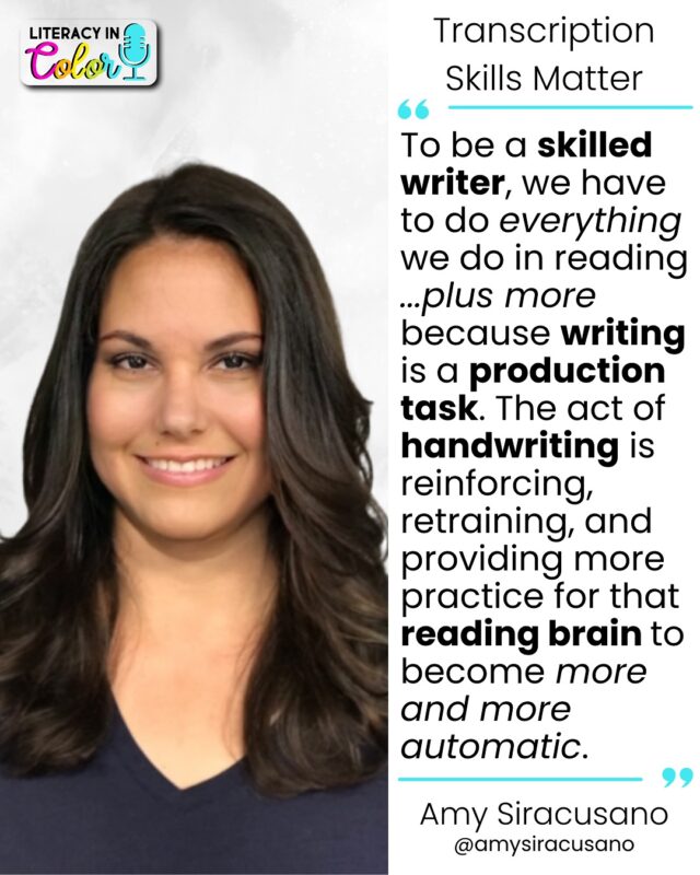 📝 Did you know it takes about 2 years of consistent practice to automatize handwriting—whether manuscript or cursive?

In Episode 35 of Literacy in Color, I’m joined by the brilliant Amy Siracusano to talk all things transcription skills and why they matter so much in early writing instruction.

You’ll love hearing about the Not-So-Simple-View of Writing — and why handwriting automaticity matters so much.

This episode will shift how you think about writing instruction—because teaching kids to write isn’t just about getting stories down on a page… it relies on a foundation in building automaticity that fuels literacy.

Want the link to listen? Comment the word “WRITING” below and I’ll send it your way!

#literacyincolor #literacyincolorpodcast #podcast #educationpodcast #podcastforteachers #podcastforeducators #scienceofwriting #scienceofreading #structuredliteracy #amysiracusano #writinginstruction #handwriting #handwritinginstruction #transcriptionskills