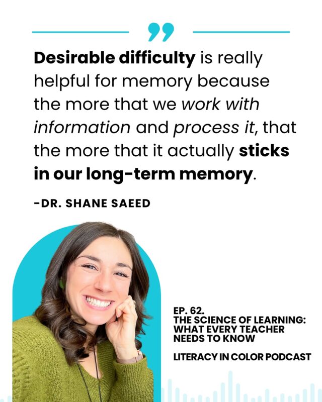 How do students actually learn? …And what can teachers do to make learning stick? 🧠

If you follow @drshanesaeed , you already know & love all she has to share about the Science of Learning!

In Episode 62 of Literacy in Color, Shane joins me on a deep dive to unpack the Science of Learning: what cognitive science reveals about how information moves from working memory to long-term memory.

We talk about:
🧠 Different types of memory 
🧩 Retrieval practice, feedback loops, interleaving, paced practice, and metacognition 
💭 Desirable difficulty (and why challenge is a good thing)
📚 How to plan instruction so learning lasts

This one’s for every teacher who wants to go beyond “covering content” to actually creating lessons that promote learning.

Comment LEARN for a link 🔗 to listen!

#literacyincolor #literacyincolorpodcast #podcast #educationpodcast #podcastforteachers #podcastforeducators #literacycoach #readinginterventionist #elementaryteacher #literacyspecialist